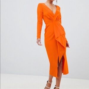ASOS Waterfall Deep Plunge Midi Dress Neon Orange NWT Size 8